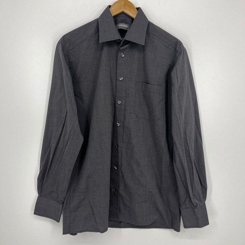 Leonardo Bugelfrei Mens Charcoal Gray Long Sleeve Button Down Dress Shirt M 40